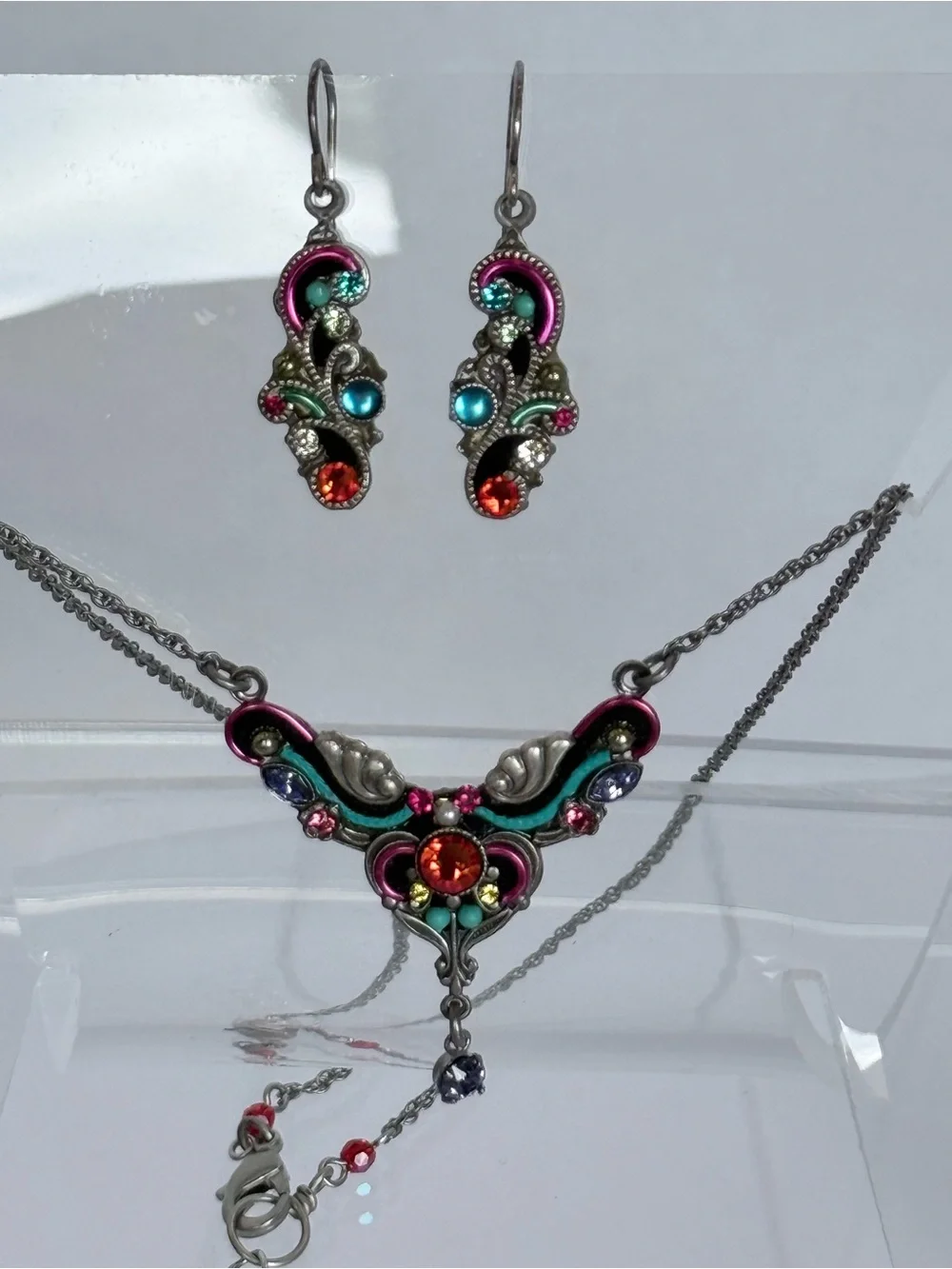 Firefly Multicolor Crystal Pendant Necklace with Matching Earrings set